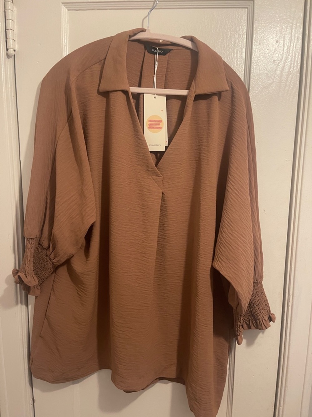 Relaxed Brown V-Neck Blouse with Smocked Cuffs (item 47)